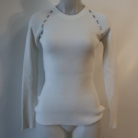 Womens Mugler White Ribbed Metal Embellished Crew Neck Sweater M - Picture 1 of 12